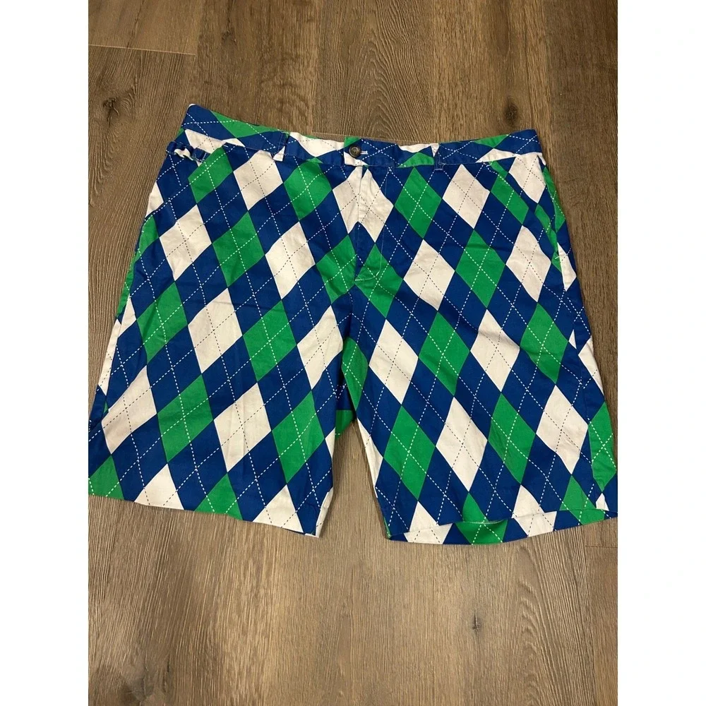Royal & Awesome Mens Blue Green Argyle Golf Shorts Size 44 Flat Front Loud Mouth